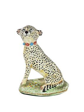 Basil Matthews Ceramic Cheetah Figurine Hand Painted With Beaded Collar 3" Tall